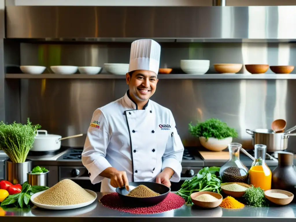 Un chef apasionado en una cocina moderna, combinando técnicas andinas con cocina de fusión