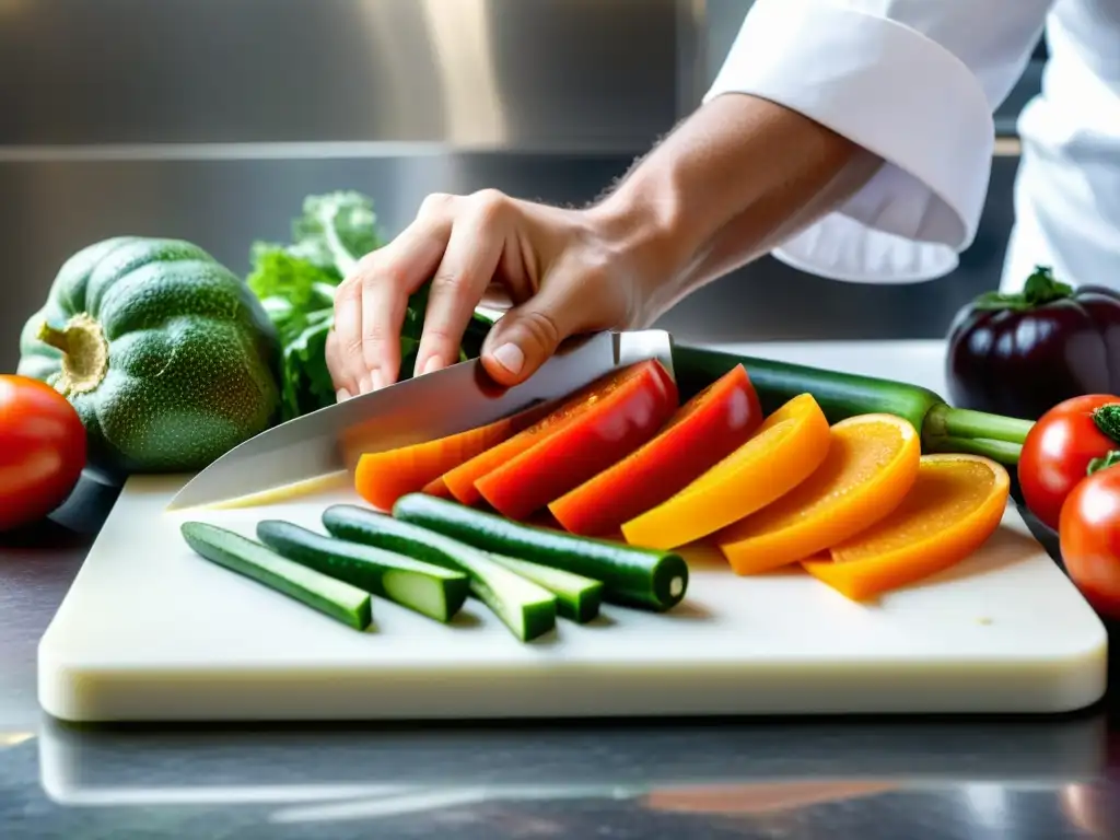 Un chef corta con cuidado vibrantes ingredientes orgánicos en un tablero blanco