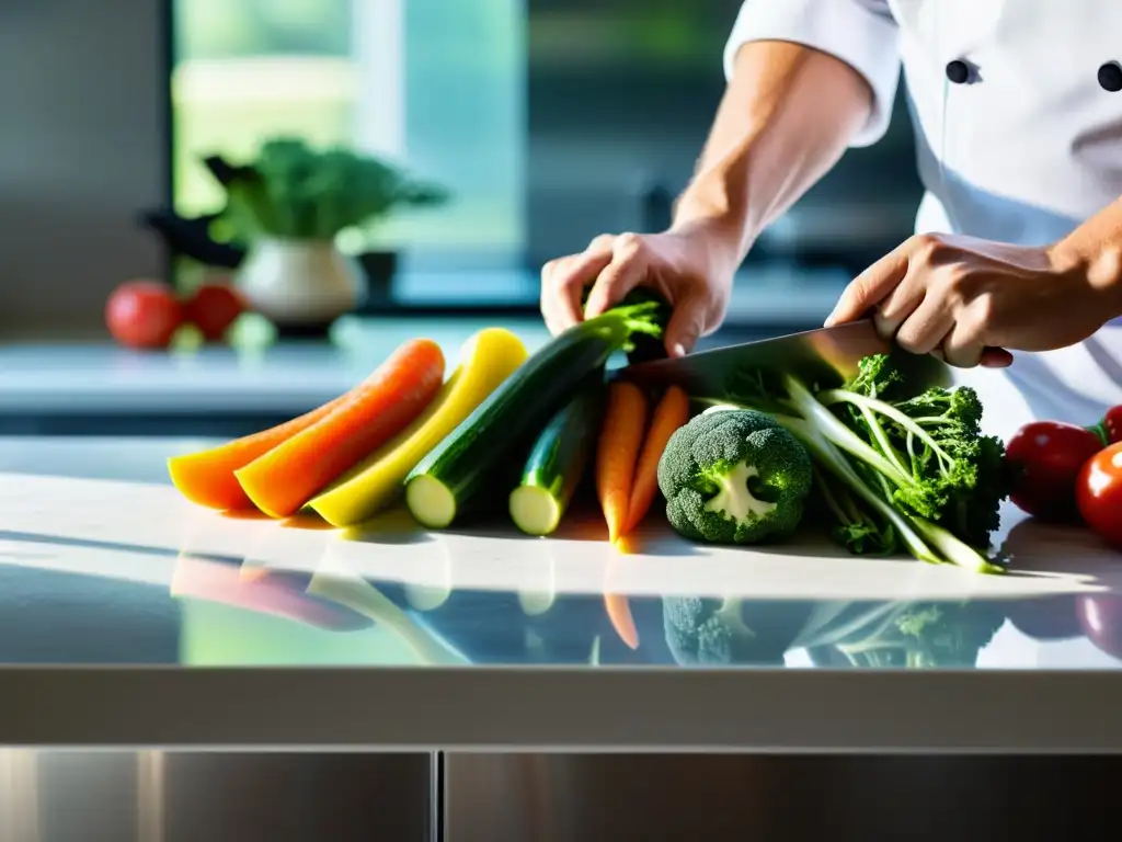 Un chef corta verduras orgánicas en una cocina minimalista con luz natural