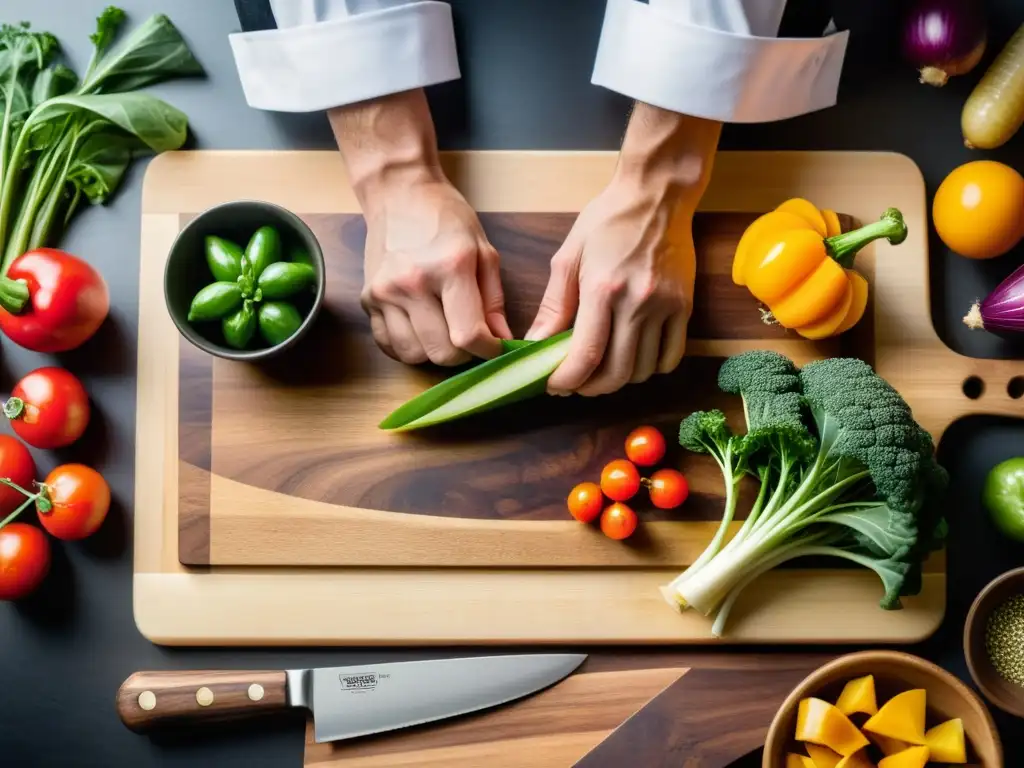 Un chef corta delicadamente una vibrante variedad de vegetales orgánicos en una tabla de cortar de madera