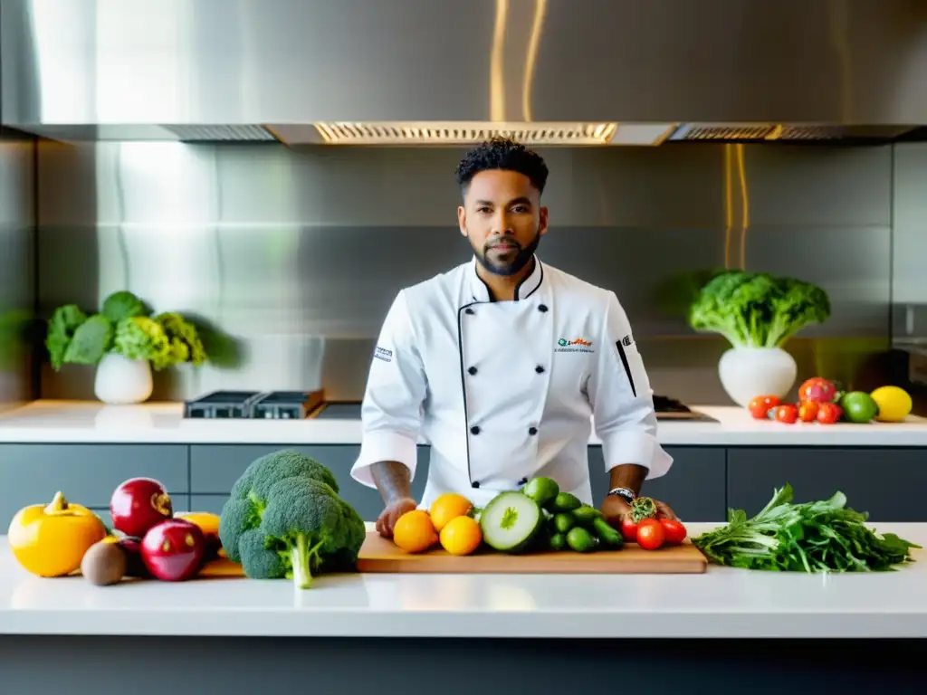 Un chef crea con precisión y creatividad en una cocina moderna, resaltando la innovación en cocina con alimentos orgánicos