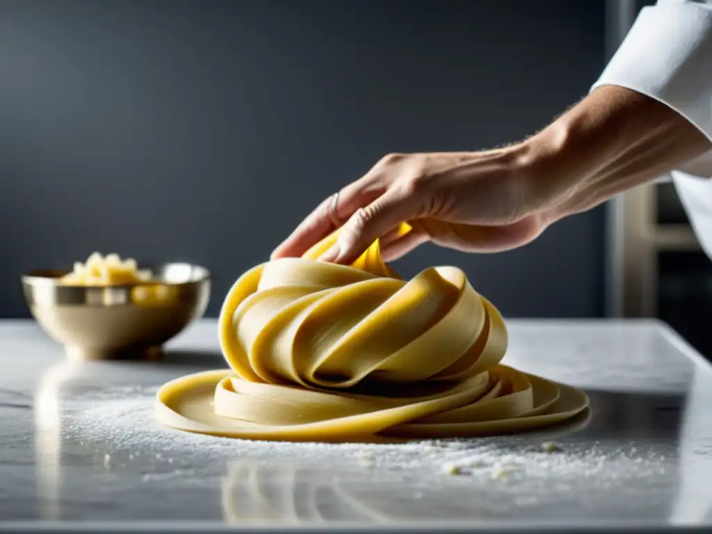 Un chef amasa con cuidado la masa dorada para hacer pastas orgánicas caseras en una encimera de mármol, bañado por la suave luz natural