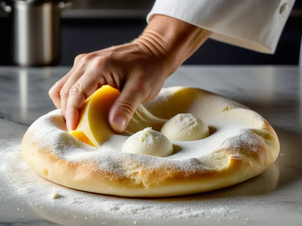 Un chef amasando con cuidado la masa de pizza orgánica en una encimera de mármol