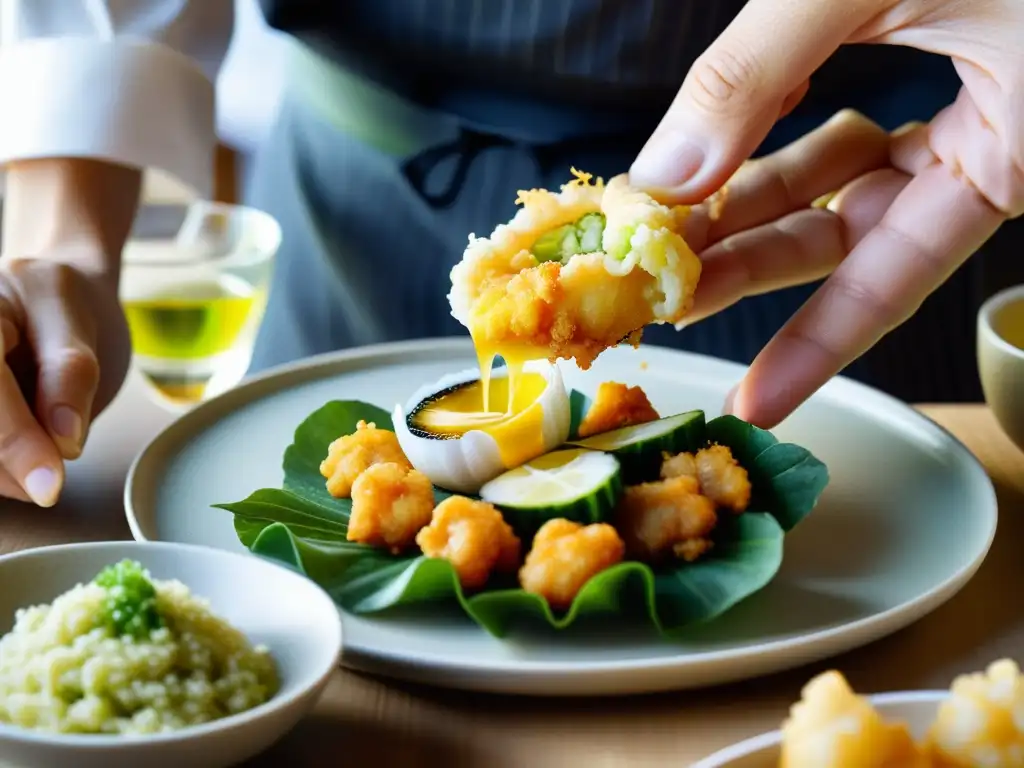 Un chef sumerge con destreza una variedad vibrante de vegetales y mariscos orgánicos en una ligera y aireada masa de tempura