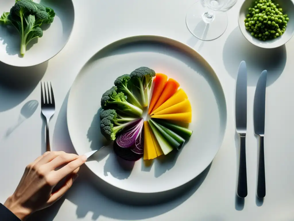 Un chef francés organiza con destreza verduras orgánicas en un plato blanco, fusionando técnica clásica y ingredientes sostenibles