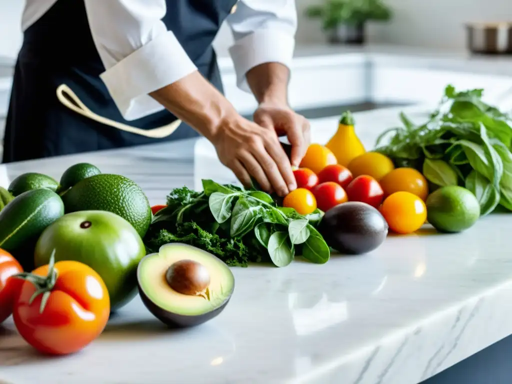 Un chef experto crea una composición de ingredientes orgánicos vibrantes en un elegante mostrador de mármol blanco