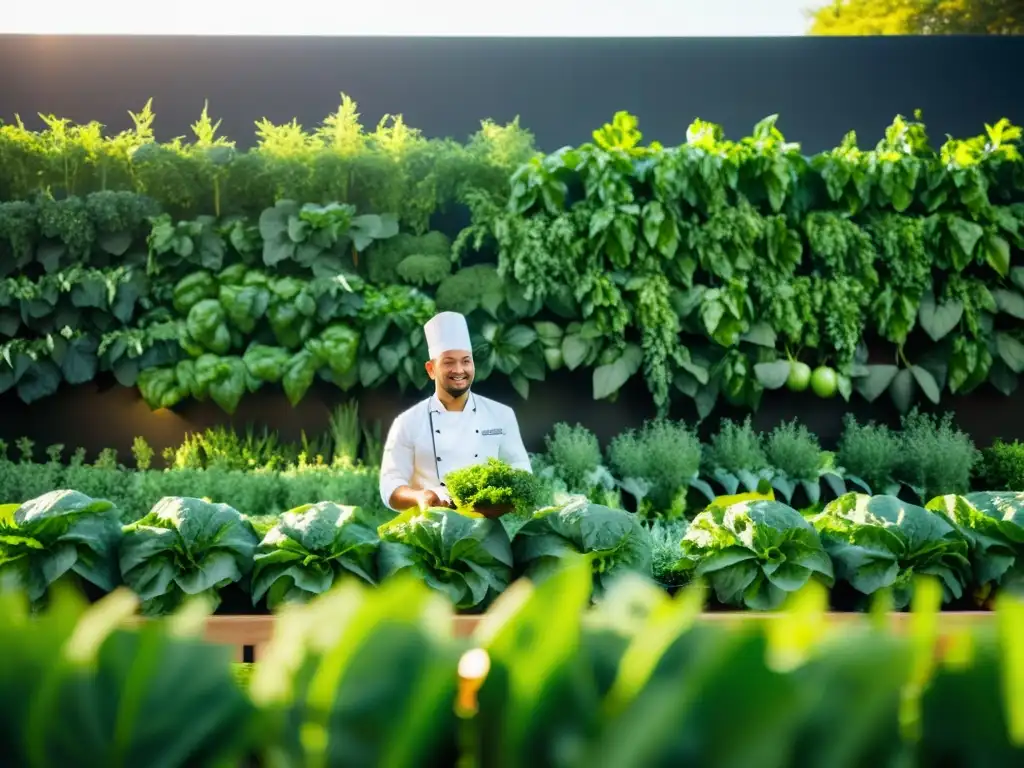 Chef recolectando ingredientes frescos en jardín de restaurante orgánico galardonado con estrellas Michelin