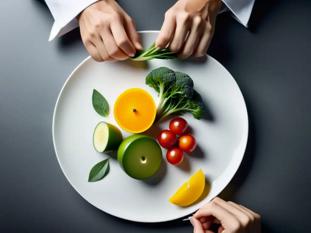 Un chef organiza ingredientes orgánicos en un plato blanco, mostrando innovación en restaurantes orgánicos con ingredientes tradicionales