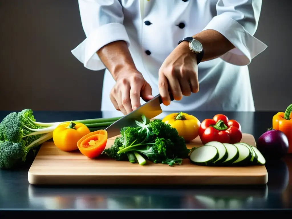 Un chef corta meticulosamente verduras orgánicas en una tabla moderna