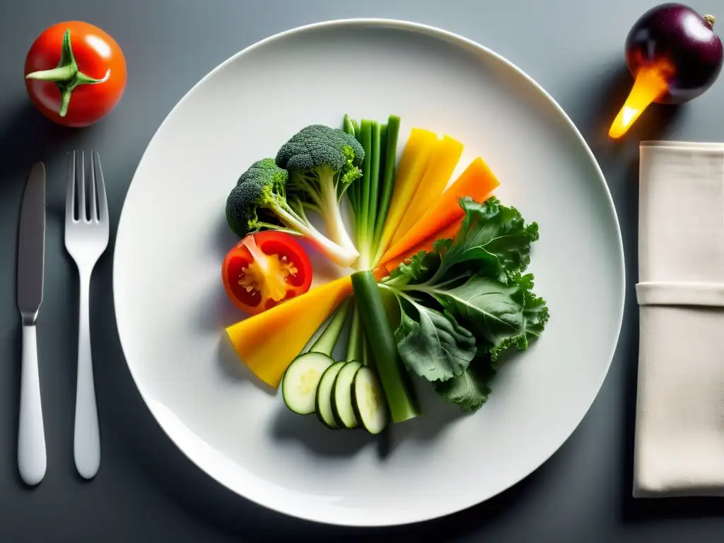 Un chef pionero en gastronomía orgánica dispone con arte y precisión vibrantes verduras en un elegante plato blanco