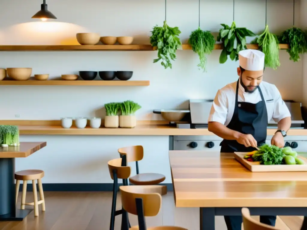 Un chef pionero en gastronomía orgánica crea platos en un restaurante sereno y minimalista, rodeado de ingredientes frescos y naturales