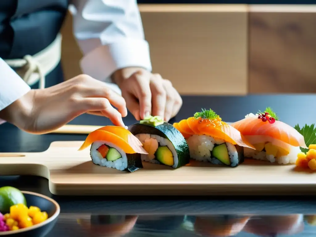 Un chef de sushi preparando con precisión rolls de sushi con productos orgánicos