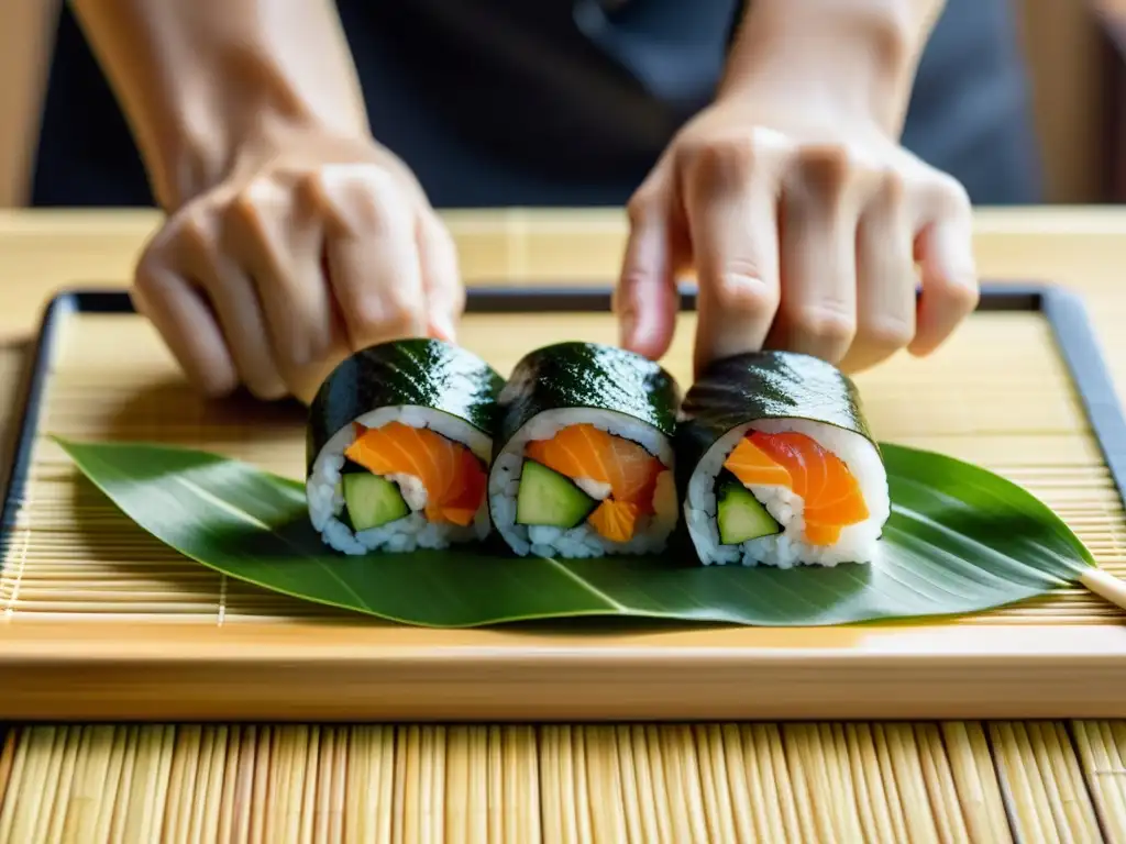 Un chef de sushi prepara con precisión rolls de sushi con productos orgánicos, evocando frescura y calidad