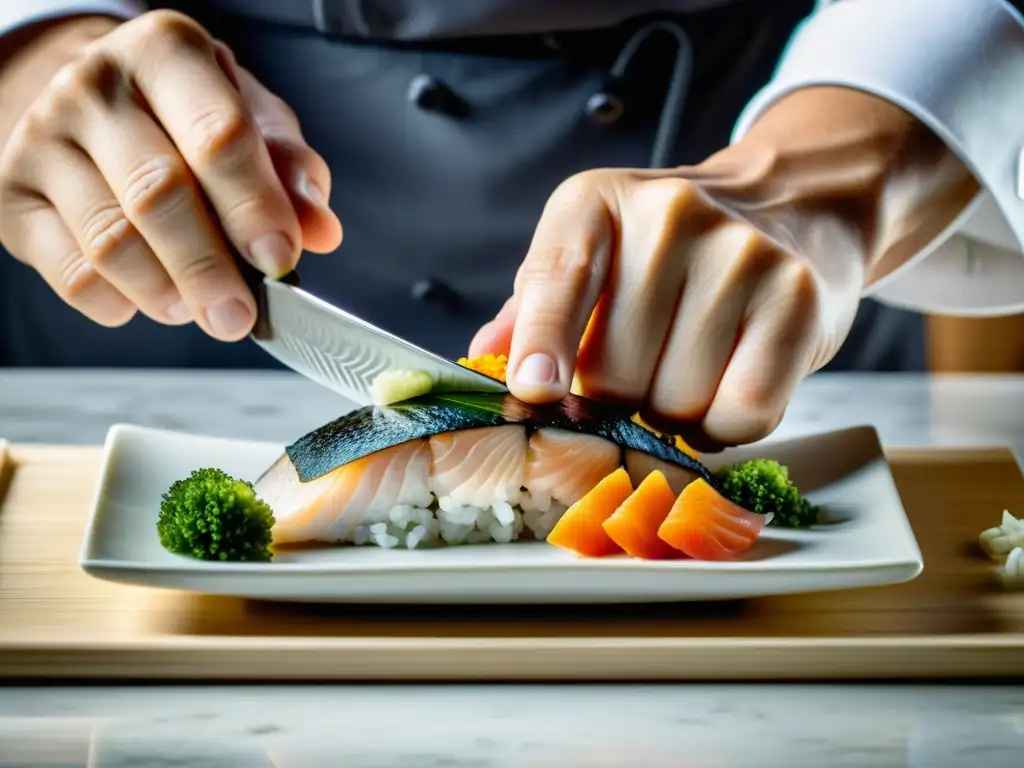 Un chef prepara sushi con productos orgánicos, con precisión y experiencia, creando una imagen visualmente impresionante