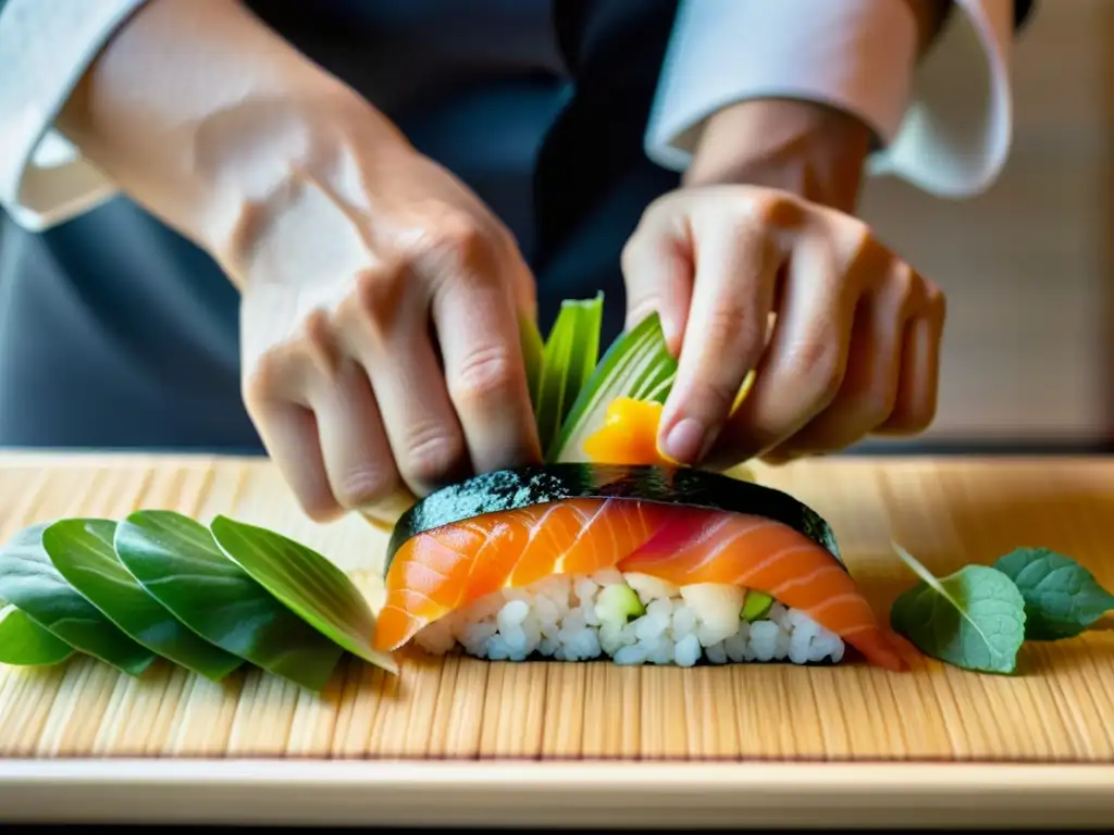 El chef prepara sushi con productos orgánicos, mostrando su destreza y respeto por la artesanía culinaria