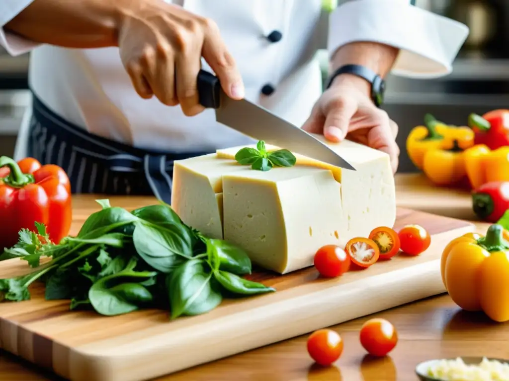 Chef cortando tofu orgánico con ingredientes frescos en una escena cálida y vibrante