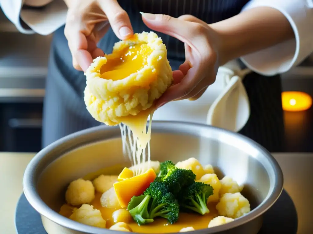 Chef sumerge vegetal orgánico en tempura dorada, mostrando precisión y arte en la preparación de tempura orgánica japonesa