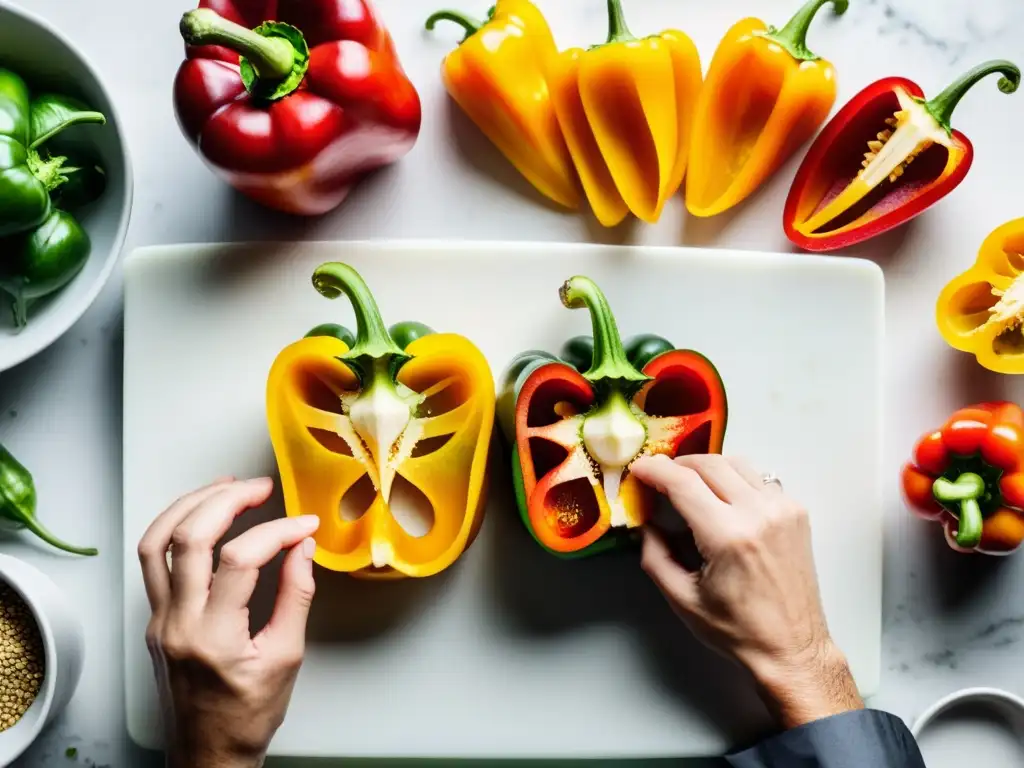 Un chef corta meticulosamente vegetales orgánicos para platos asiáticos, destacando su experiencia en la preparación de alimentos