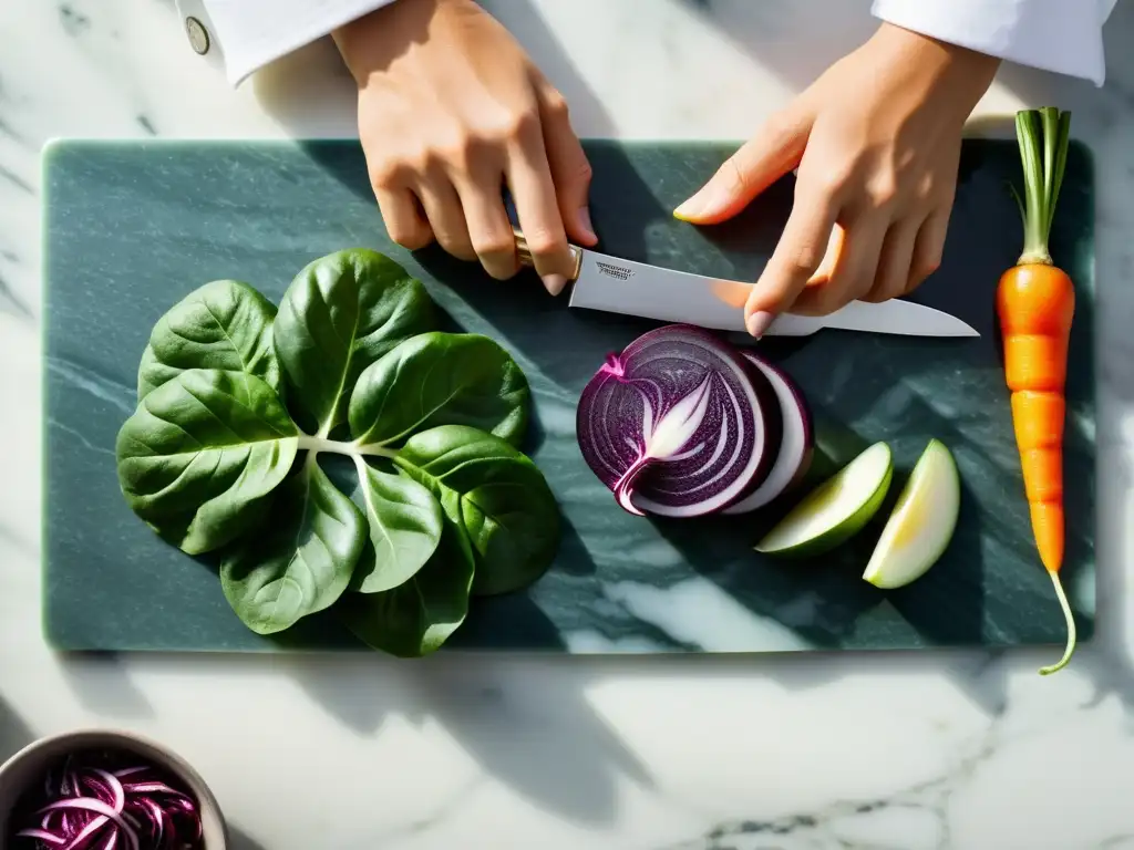 Un chef corta meticulosamente vegetales orgánicos en una tabla de mármol, preservando los beneficios de los alimentos