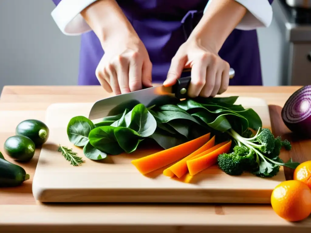 Un chef corta cuidadosamente vegetales orgánicos en una tabla de madera, exudando experiencia en la preparación de alimentos orgánicos