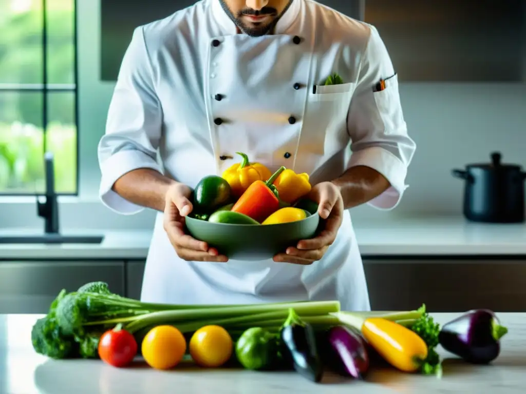 Un chef organiza verduras orgánicas en una cocina moderna con luz natural, mostrando cuidado y expertise en la planificación de menús bajos en carbono