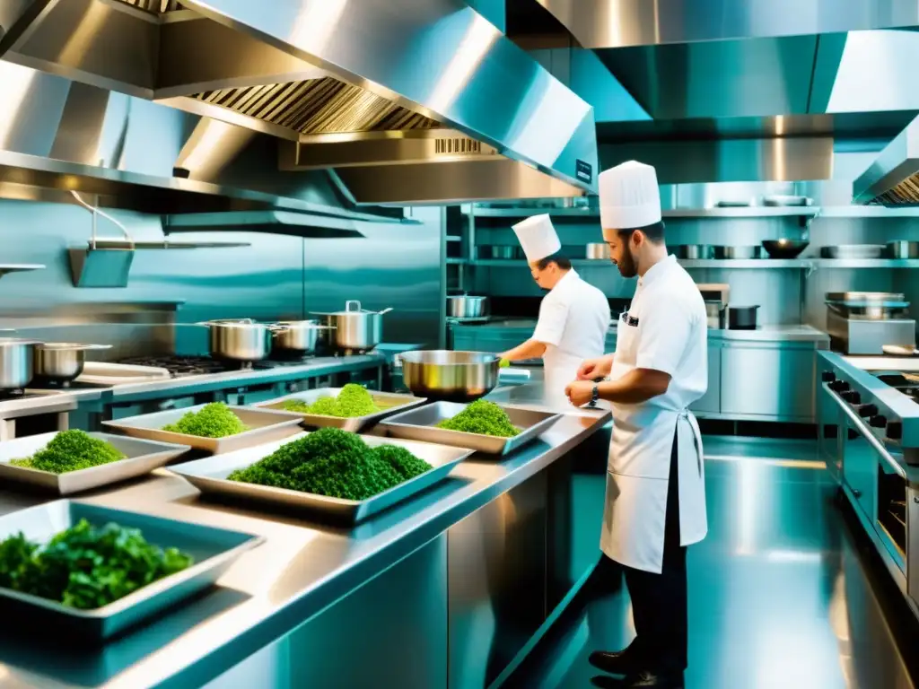 Chefs en cocina sostenible con tecnología moderna y alimentos orgánicos