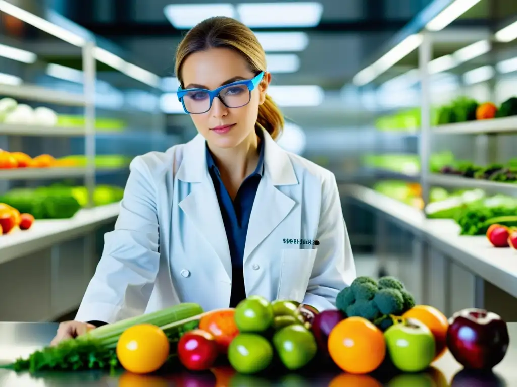 Un científico examina con cuidado una selección de frutas y verduras orgánicas recién cosechadas en un moderno laboratorio