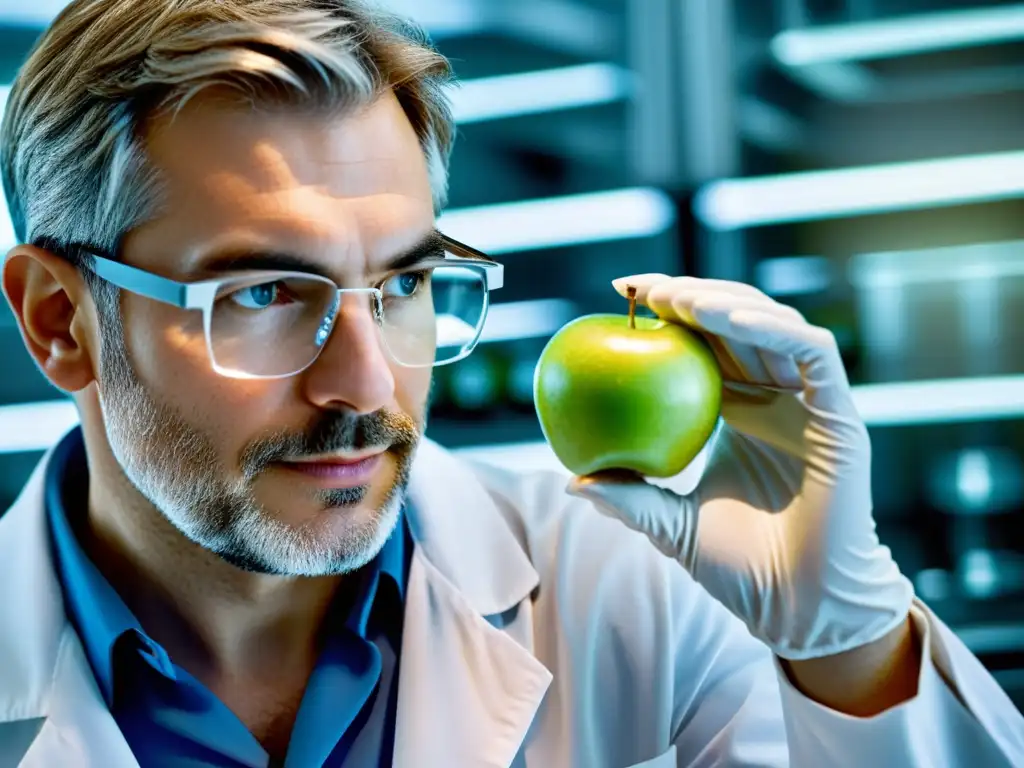 Un científico analiza la estructura molecular de una manzana orgánica, mostrando precisión y dedicación en la verificación autenticidad alimentos orgánicos