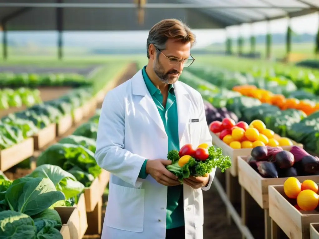 Un científico examina cuidadosamente verduras orgánicas recién cosechadas en un campo soleado, transmitiendo dedicación y experiencia