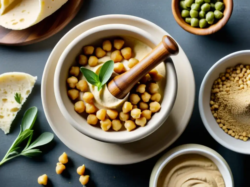 Closeup de un mortero de madera con ingredientes para la receta orgánica de hummus y falafel