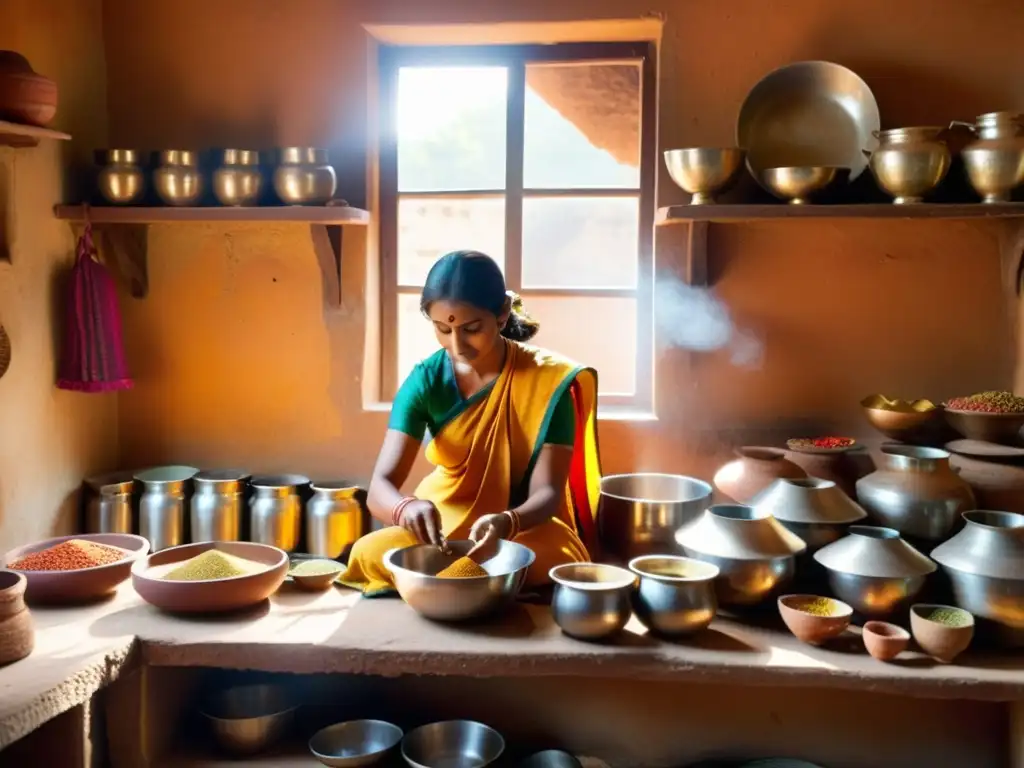 En una cocina india tradicional, dos mujeres preparan especias con un molinillo de piedra y cocinan en una estufa de leña