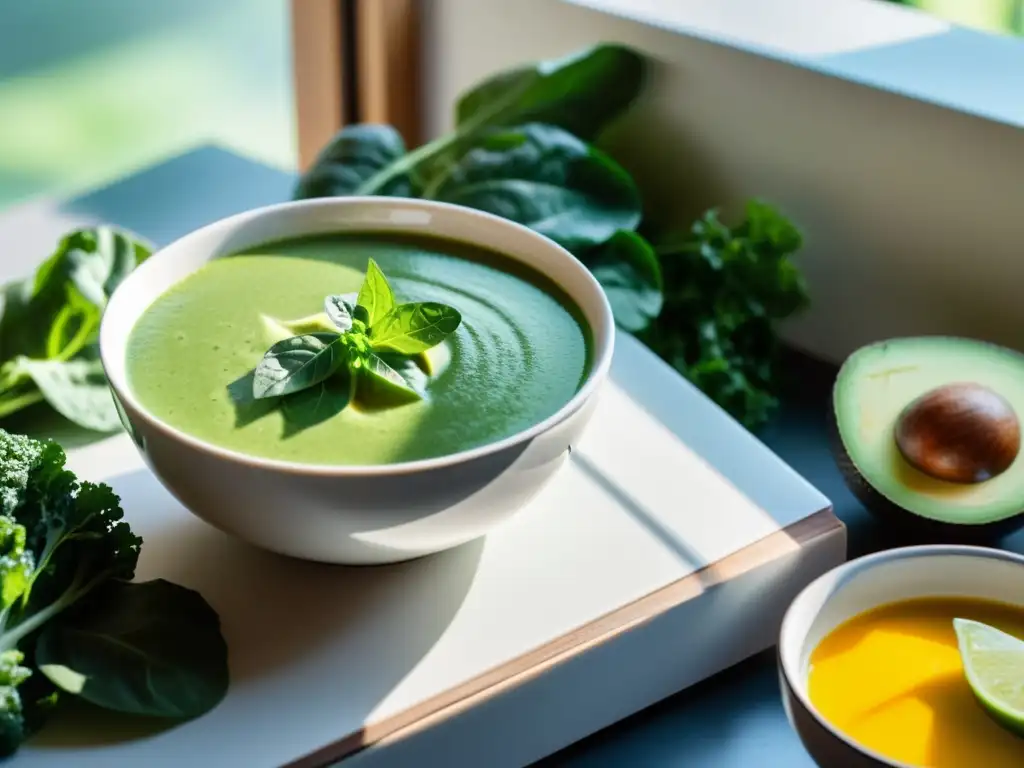 Una cocina minimalista con una deliciosa sopa detox orgánica rodeada de ingredientes frescos y naturales