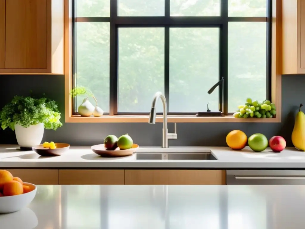 Una cocina minimalista con encimeras blancas y gabinetes de madera clara