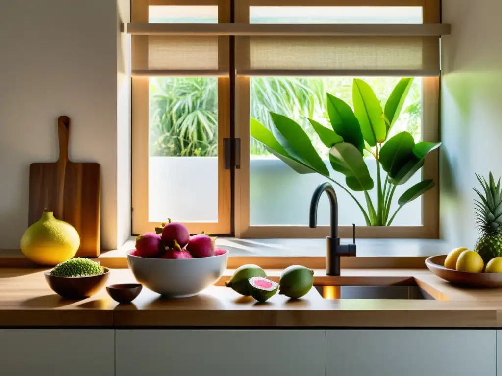 Cocina minimalista con ingredientes exóticos y luz natural Una cocina minimalista con ingredientes exóticos orgánicos, luz natural y utensilios modernos