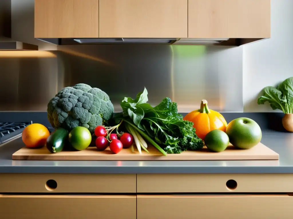 Frescura y vitalidad: variedad de frutas y verduras en cocina moderna Una cocina moderna con frutas y verduras orgánicas vibrantes, transmitiendo vitalidad y abundancia