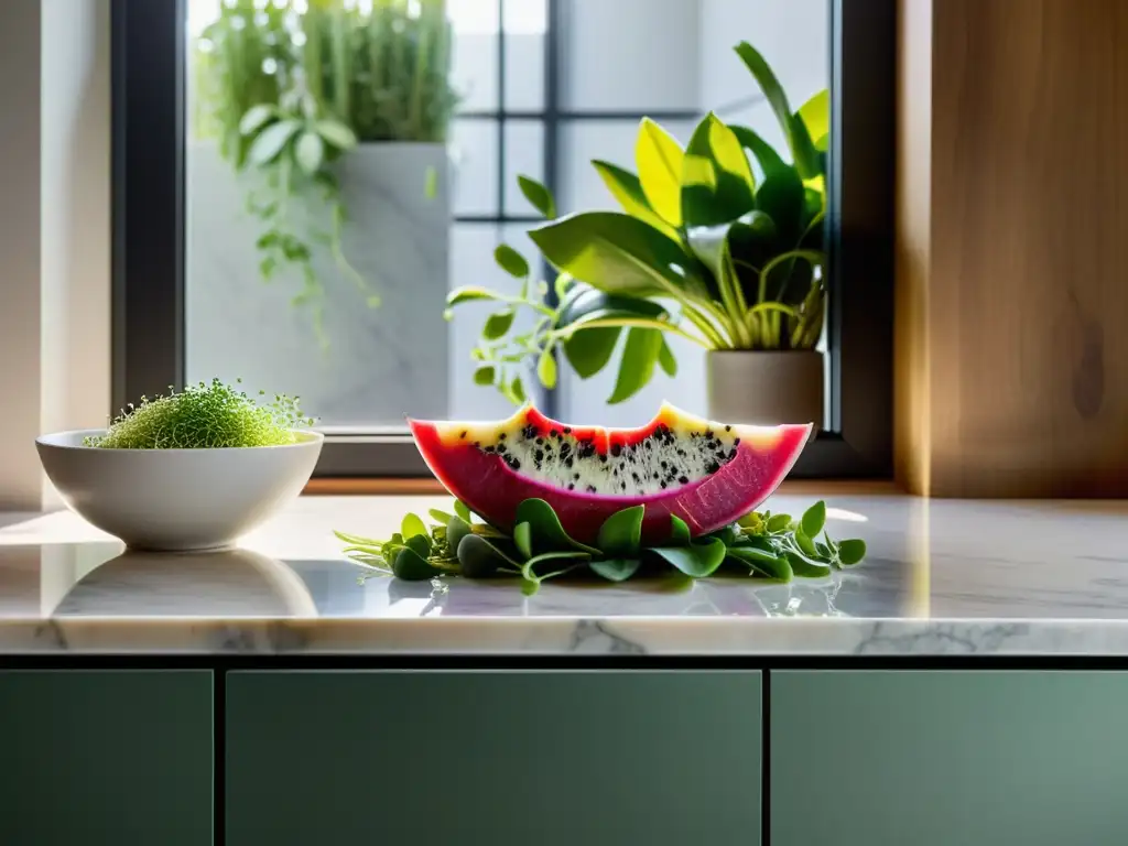 Cocina minimalista con ingredientes orgánicos exóticos Una cocina moderna y minimalista con exhibición de ingredientes exóticos orgánicos en una hermosa composición, perfecta para inspirar formas de incorporar ingredientes exóticos orgánicos en la cocina internacional