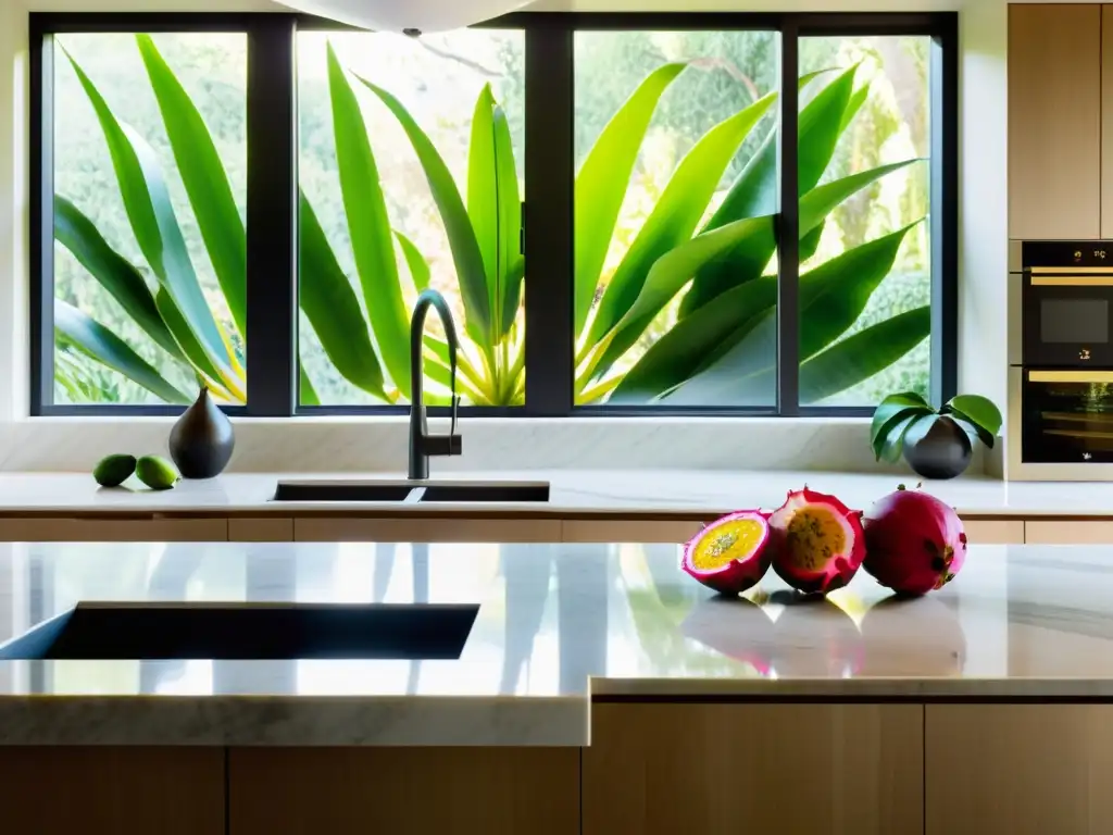 Cocina minimalista con ingredientes exóticos y orgánicos Una cocina moderna y minimalista con ingredientes exóticos orgánicos, como dragon fruit y passion fruit, creando una atmósfera serena y sofisticada