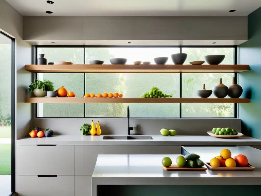 Una cocina moderna con utensilios sostenibles para reducir huella, decorada con frutas y verduras orgánicas en estantes abiertos