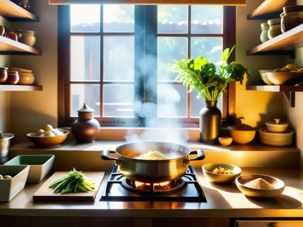 En una cocina orgánica estilo chino, un chef experto saltea vegetales frescos mientras el sol ilumina la escena