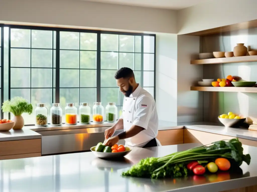 Cocina orgánica con ingredientes frescos y chef cortando verduras