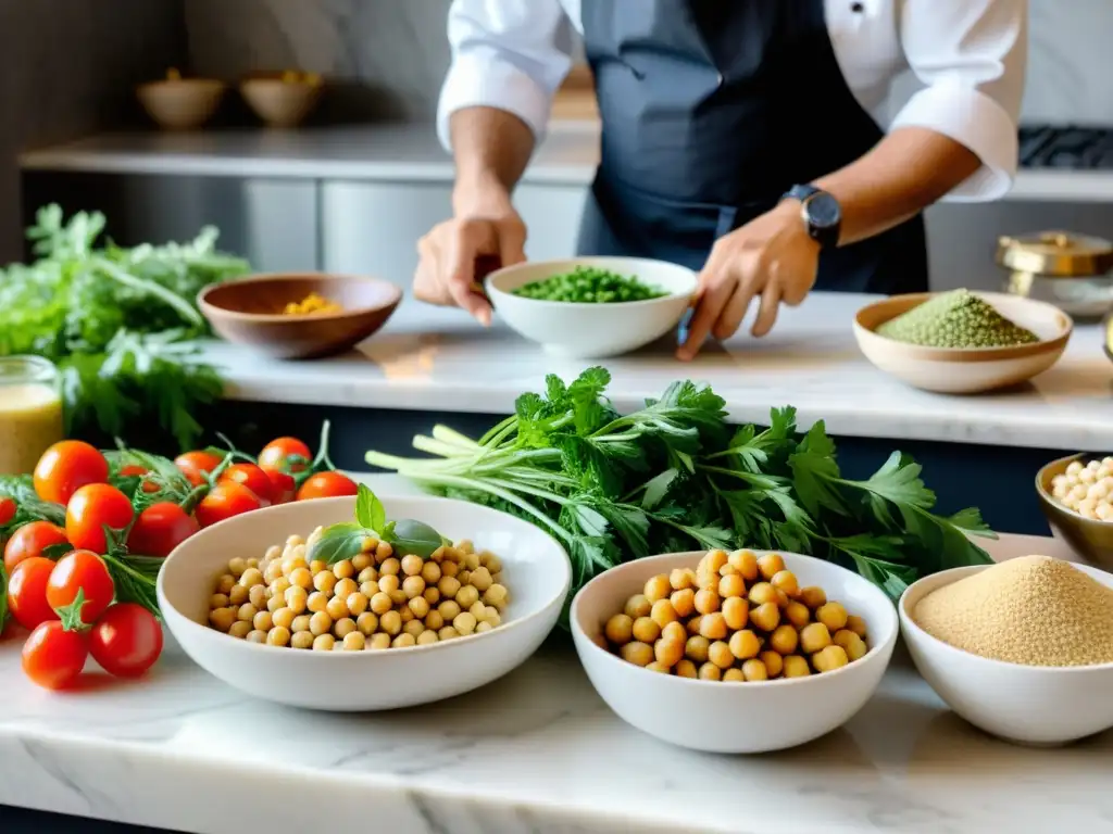 Una cocina árabe orgánica llena de ingredientes frescos y coloridos, con un chef preparando hummus y tabbouleh