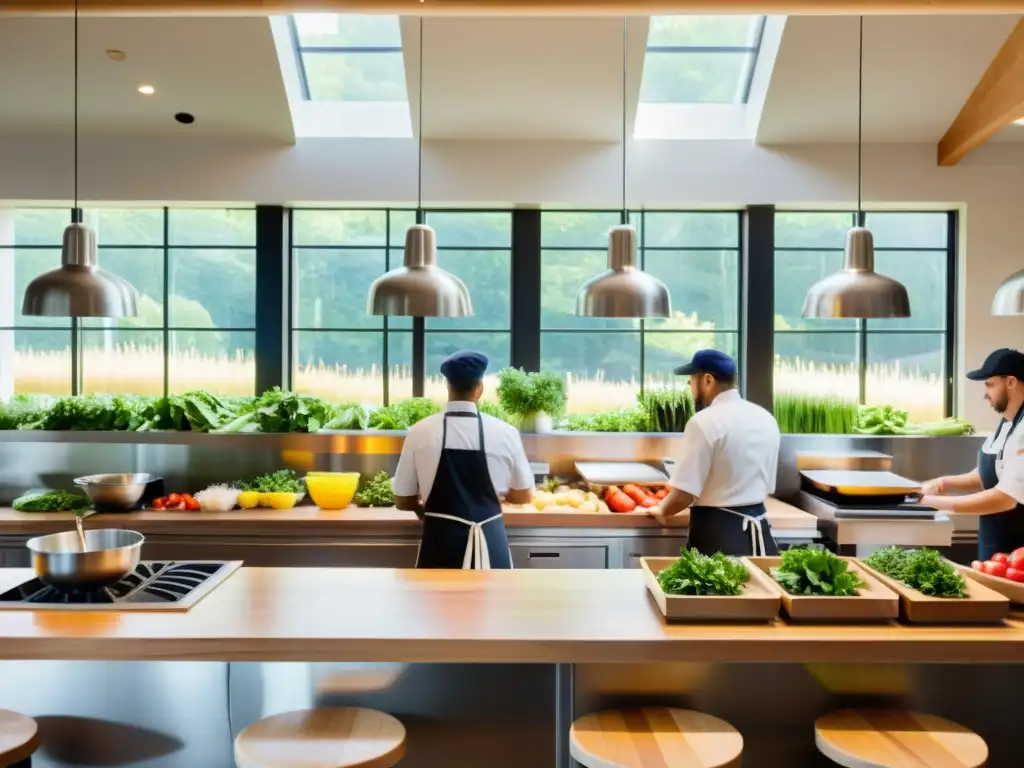 Una cocina orgánica en un restaurante con chefs trabajando entre productos frescos, visible a los comensales