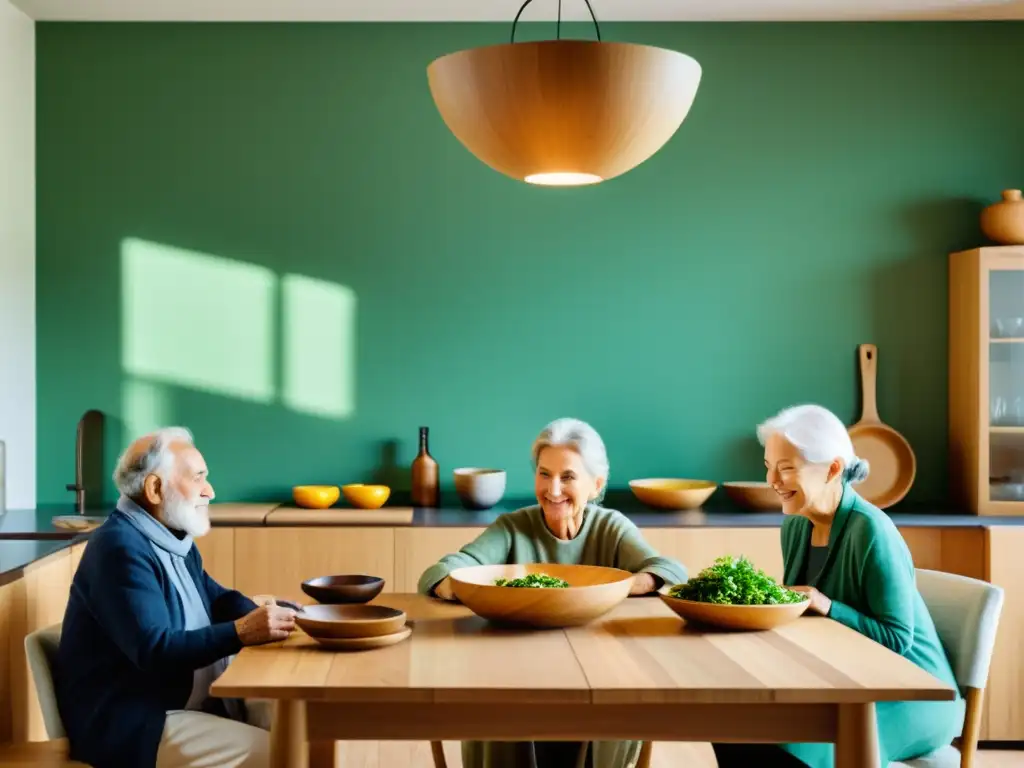 Cocina orgánica para la tercera edad: escena serena con mesa de madera, platos coloridos y personas mayores disfrutando de la comida y la compañía