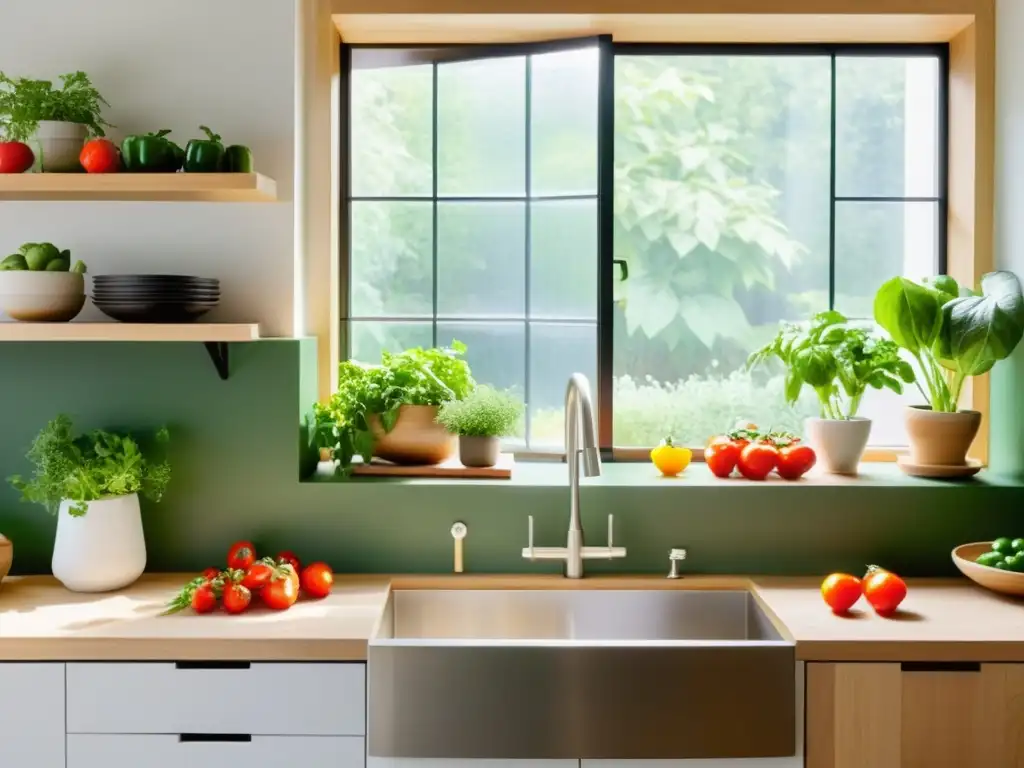 Una cocina oriental orgánica en casa: ambiente sereno con utensilios modernos y hierbas frescas