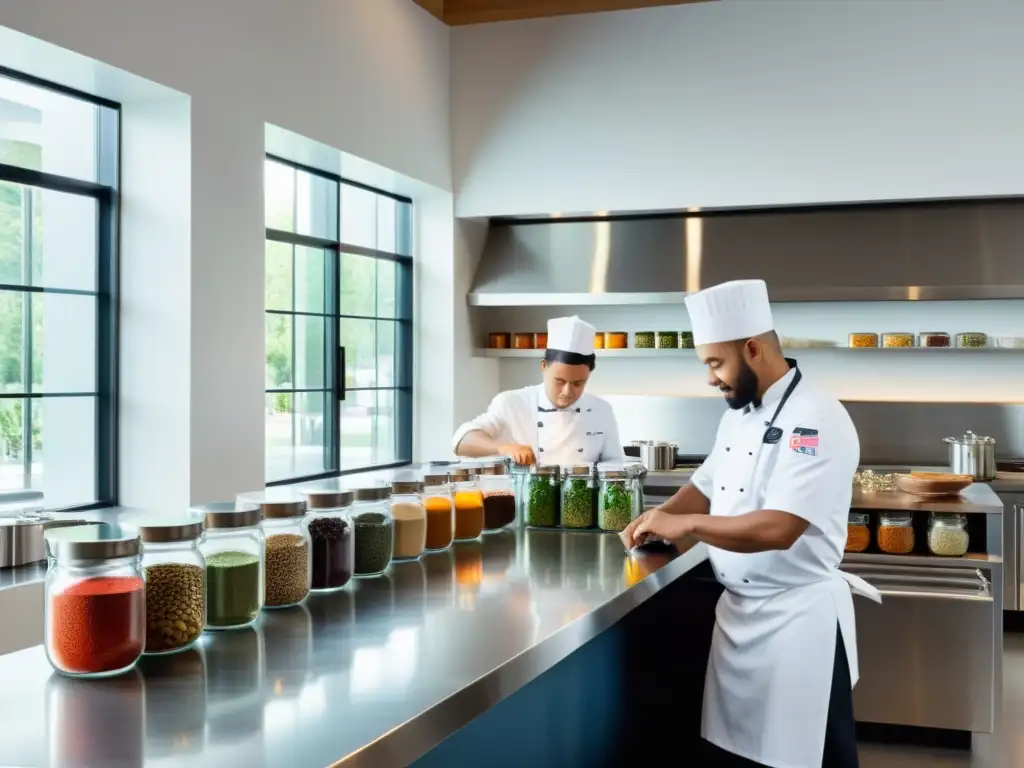 En la cocina de un restaurante orgánico, chefs trabajan con precisión en un espacio moderno y luminoso