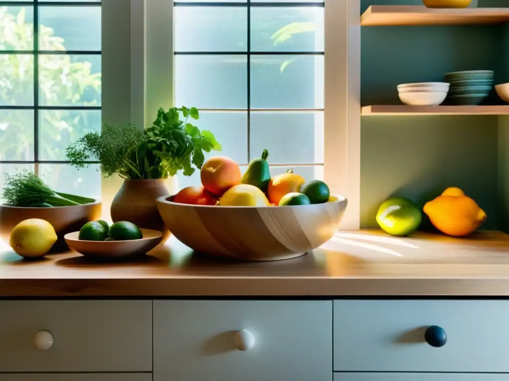 Una cocina serena con frutas y verduras orgánicas vibrantes en cestas de madera y cuencos de cerámica