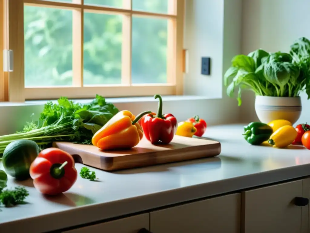 Una cocina serena y minimalista con frutas y verduras orgánicas frescas, técnicas para preservar los beneficios de alimentos orgánicos