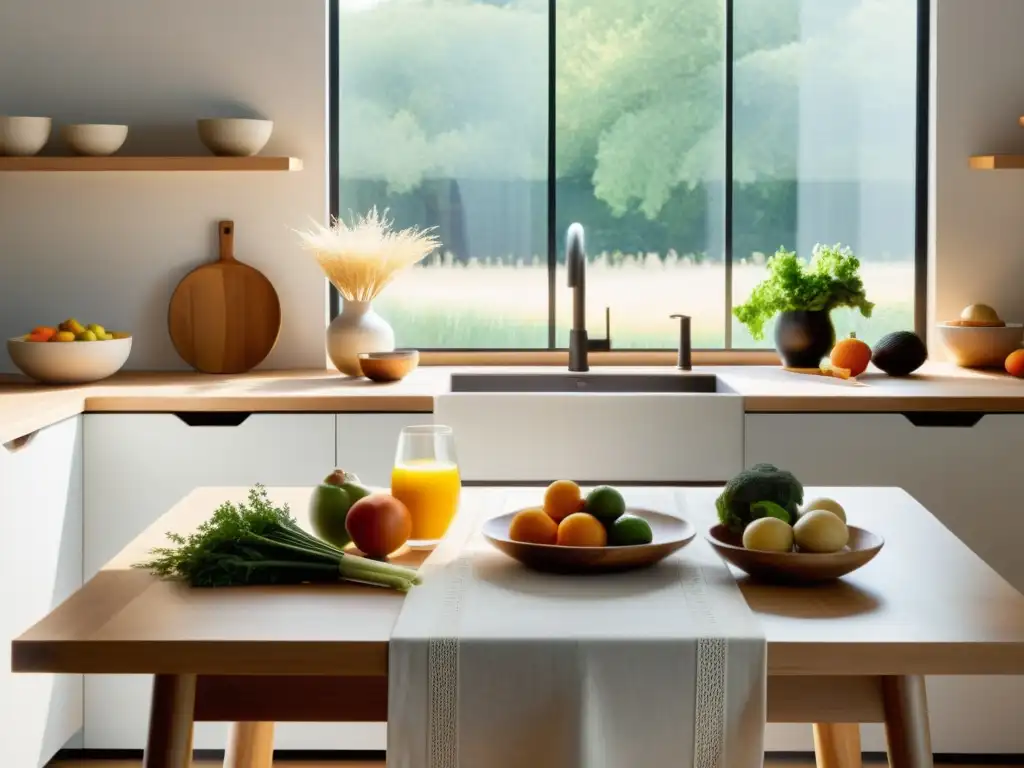 Una cocina serena y minimalista con una mesa de madera decorada con alimentos macrobióticos orgánicos vibrantes