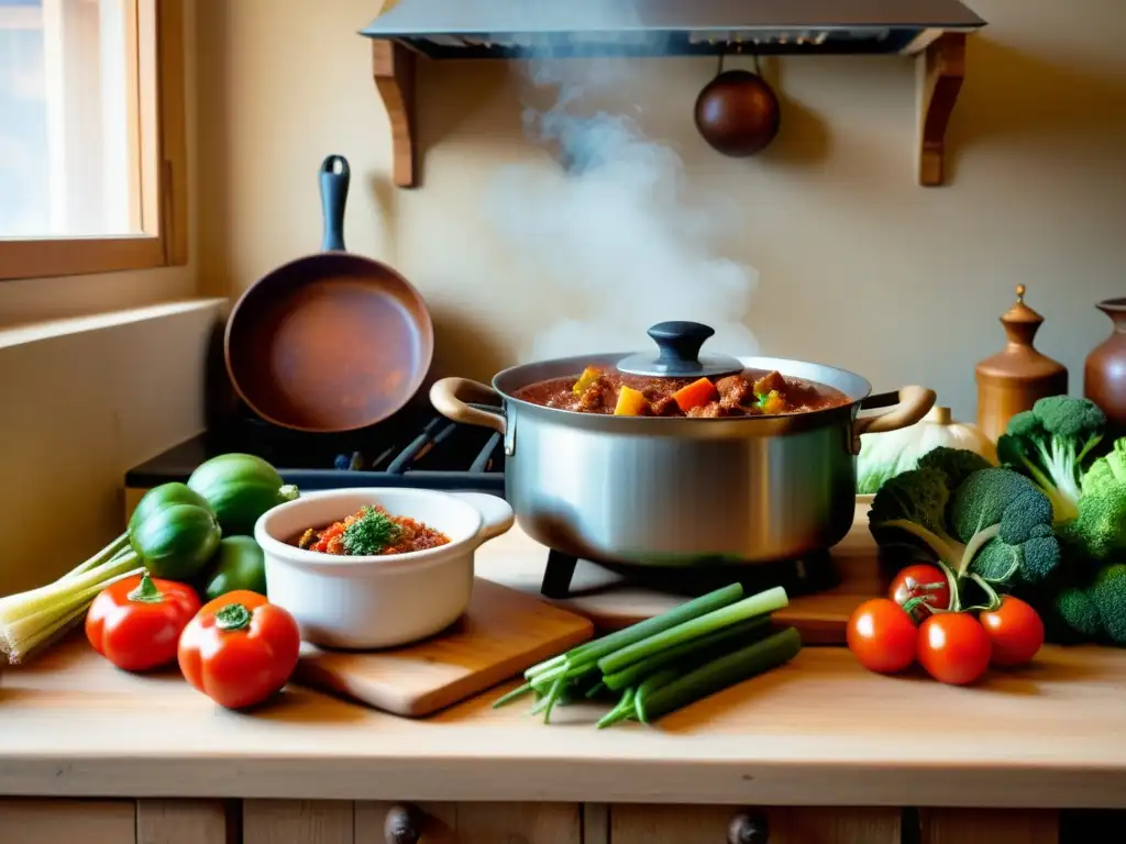 Una cocina húngara tradicional con una mesa rústica lista para elaborar goulash húngaro con carne orgánica y vegetales frescos