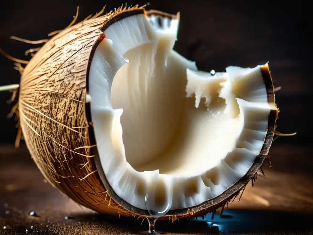 El coco se abre, revelando su interior blanco y líquido refrescante, destacando los beneficios del aceite de coco orgánico